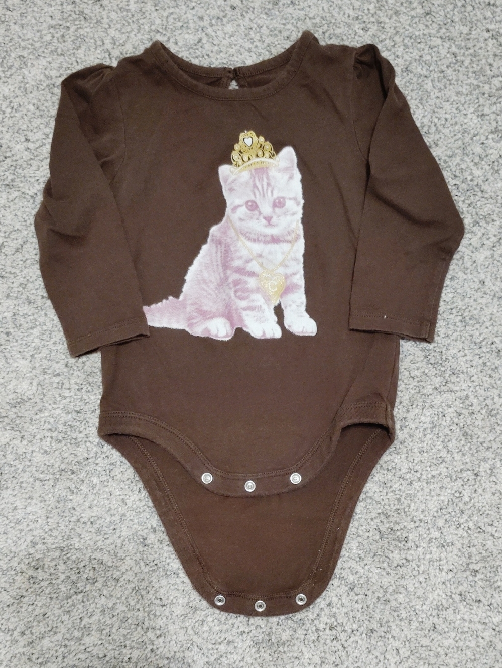 GAP Brown Long-Sleeve One-Piece with Pink Kitten and Gold Crown
